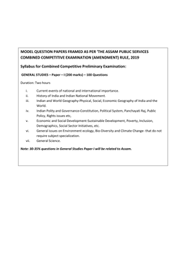 MODEL QUESTION PAPERS FRAMED AS PER 'THE ASSAM PUBLIC SERVICES COMBINED COMPETITIVE EXAMINATION (AMENDMENT) RULE, 2019 Syllabu