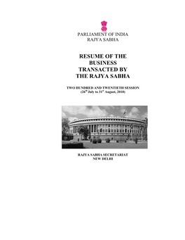 Resume of the Business Transacted by the Rajya Sabha