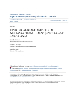 HISTORICAL BIOGEOGRAPHY of NEBRASKA PRONGHORNS (&lt;I