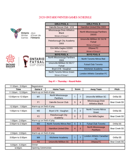 2020 Ontario Winter Games Schedule