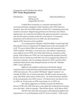 Comments on ET Docket No. 05-24 DTV Tuner Requirements