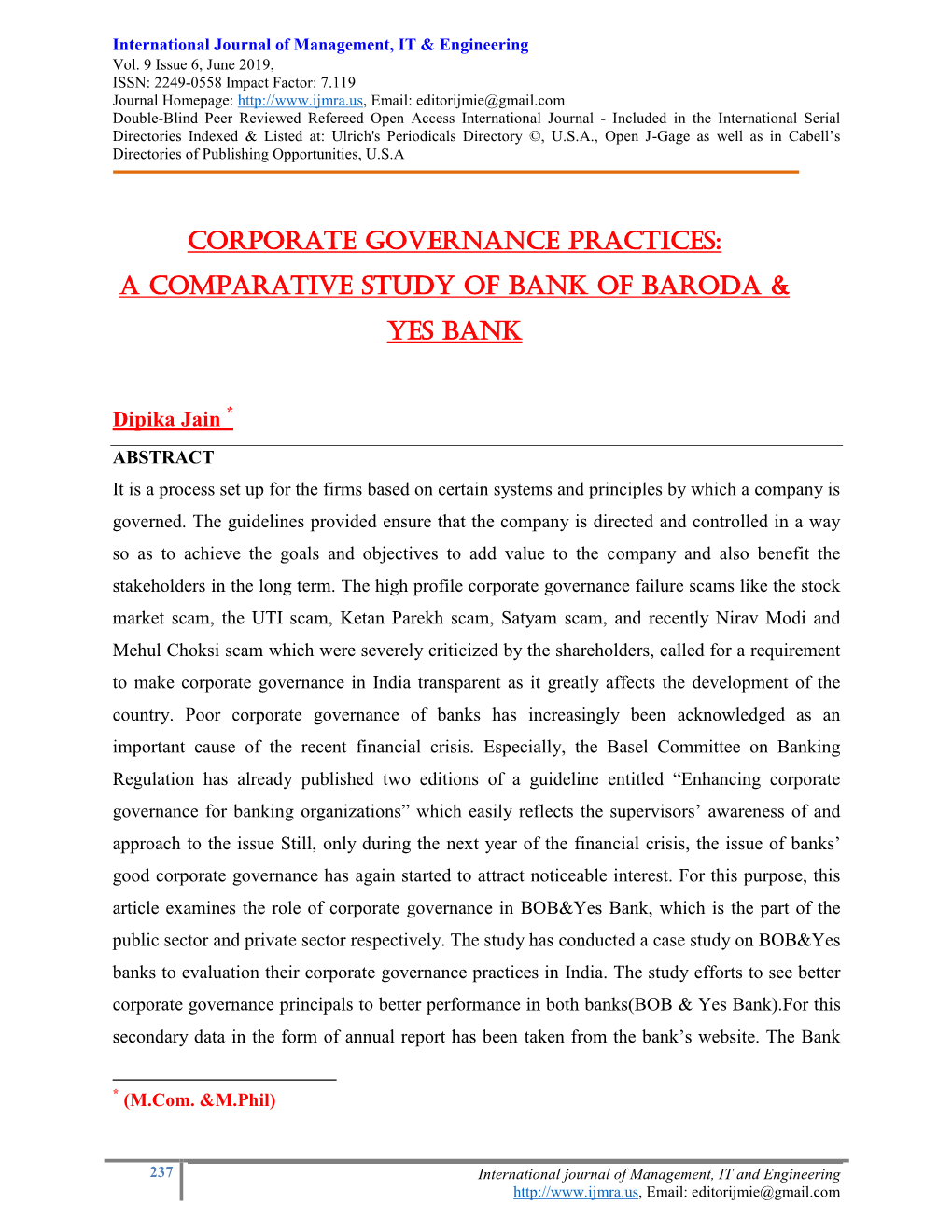 Corporate Governance Practices: a Comparative Study of Bank of Baroda & Yes Bank