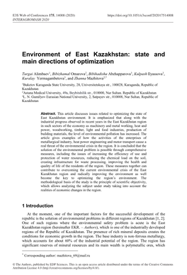 Environment of East Kazakhstan: State and Main Directions of Optimization