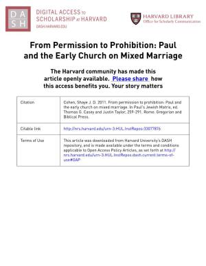 From Permission to Prohibition: Paul and the Early Church on Mixed Marriage