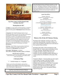 Cape May County Civil War Round Table Newsletter = August 2017 Page 1