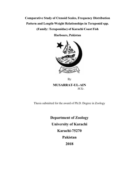 Department of Zoology University of Karachi Karachi-75270 Pakistan 2018