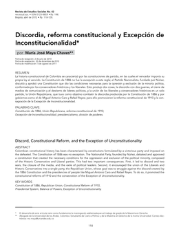 Discordia, Reforma Constitucional Y Excepción De Inconstitucionalidad*