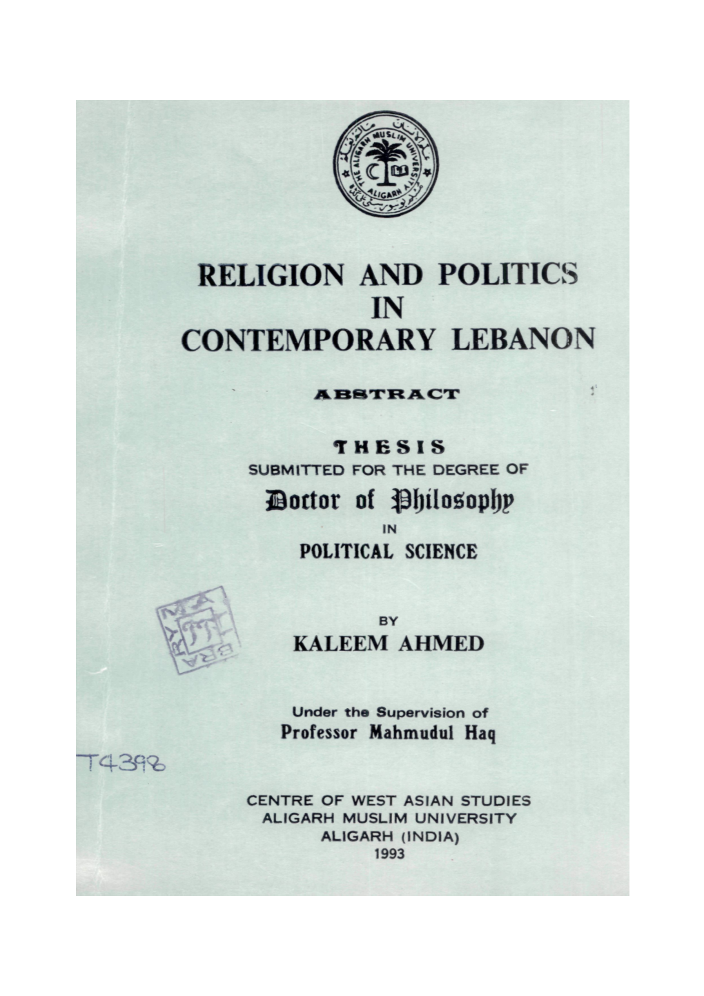 Religion and Politics in Contemporary Lebanon