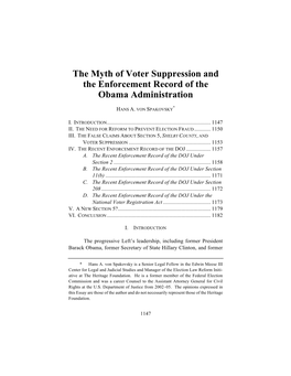 The Myth of Voter Suppression and the Enforcement Record of the Obama Administration