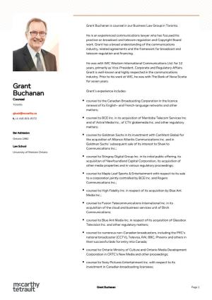 Grant Buchanan Is Counsel in Our Business Law Group in Toronto