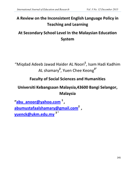A Review on the Inconsistent English Language Policy in Teaching and Learning at Secondary School Level in the Malaysian Education System