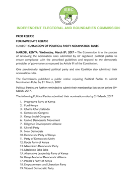Submission of Political Party Nomination Rules