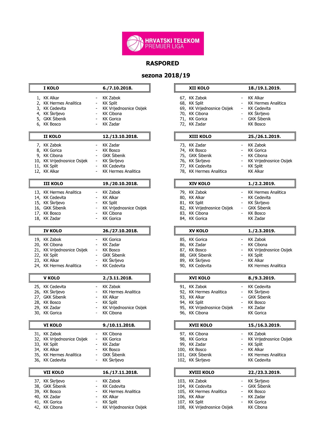 RASPORED Sezona 2018/19