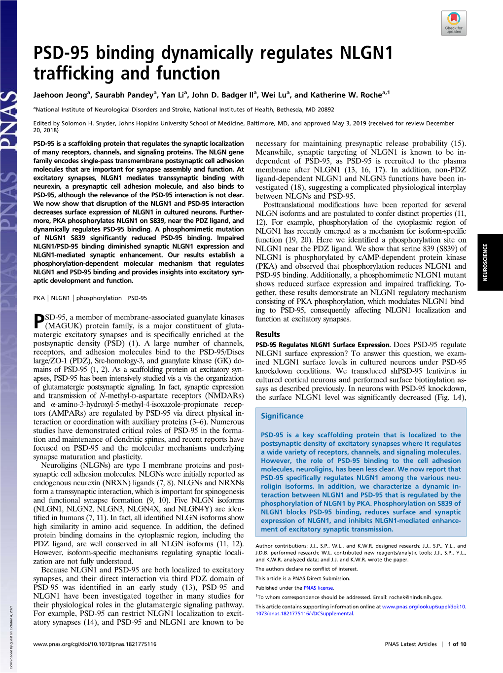 PSD-95 Binding Dynamically Regulates NLGN1 Trafficking and Function