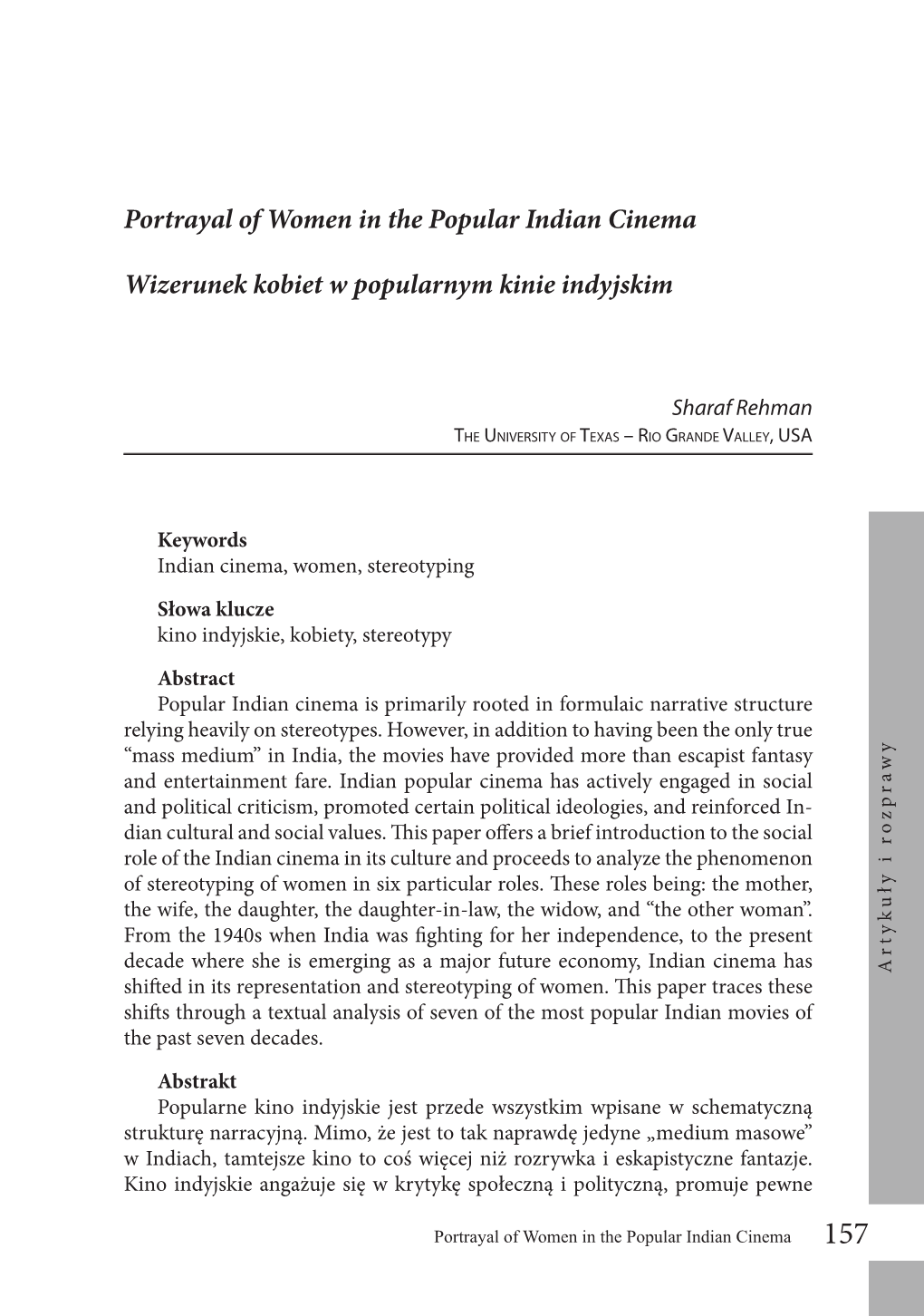 Portrayal of Women in the Popular Indian Cinema Wizerunek Kobiet W