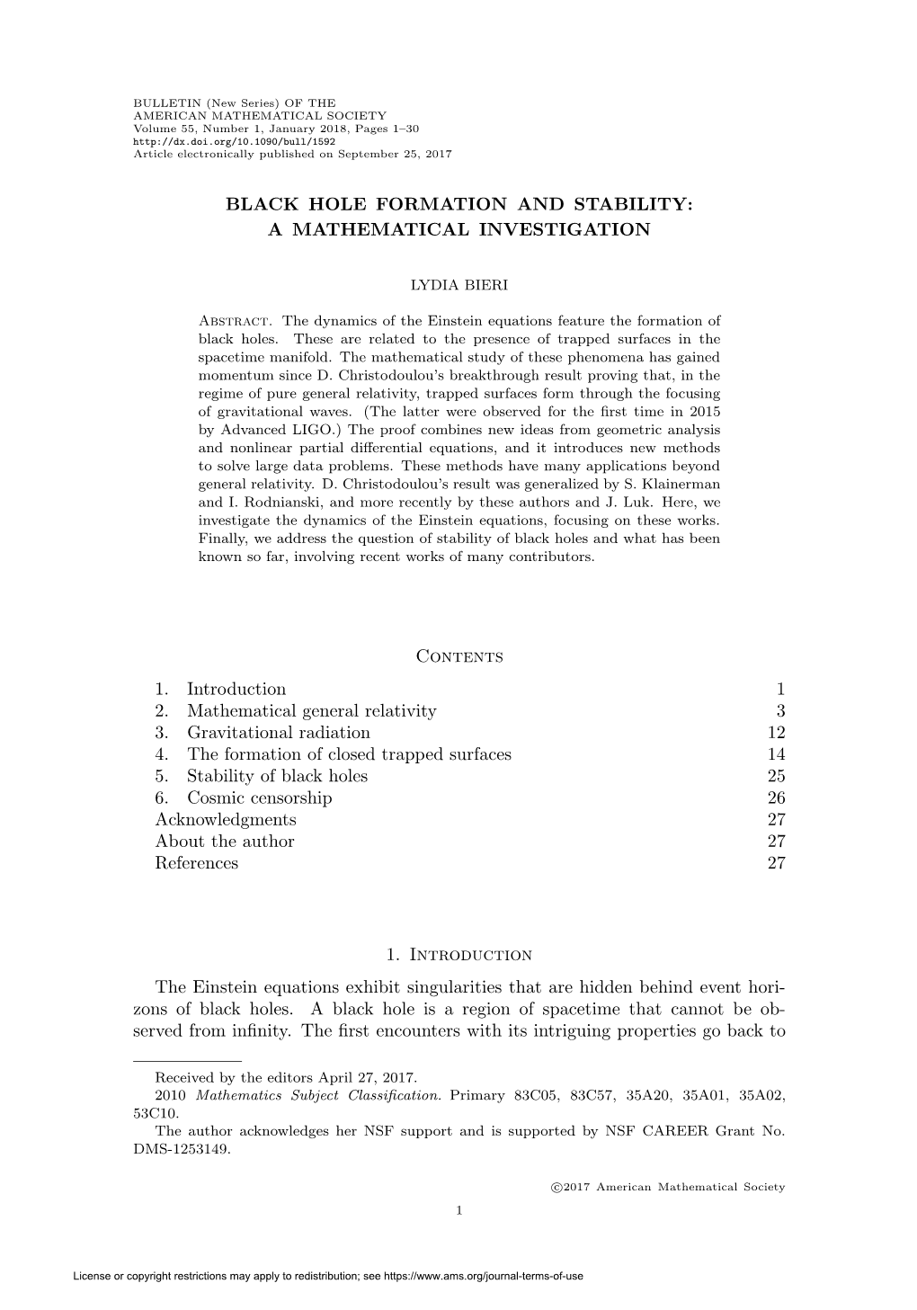 Black Hole Formation and Stability: a Mathematical Investigation