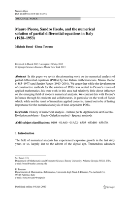 Mauro Picone, Sandro Faedo, and the Numerical Solution of Partial Differential Equations in Italy (1928–1953)