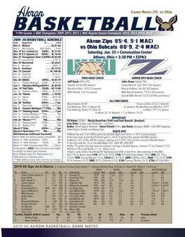 Akron Zips (15-4, 5-1 MAC) Vs Ohio Bobcats (10-9, 2-4 MAC)