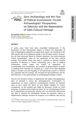 Sámi Archaeology and the Fear of Political Involvement: Finnish Archaeologists' Perspectives on Ethnicity and the Repatriatio