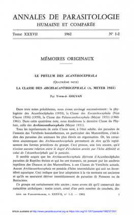 Le Phylum Des Acanthocephala. (Quatrième Note). La Classe Des Archiacanthocephala (A. Meyer 1931)