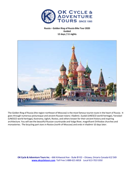 Russia – Golden Ring of Russia Bike Tour 2020 Guided 12 Days / 11 Nights the Golden Ring of Russia