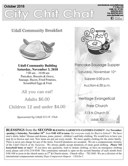 Udall Community Building Saturday, November 3, 2018 7:00 Am – 10:00 Am Pancakes, Biscuits & Gravy, Sausage, Bacon, Fried Potatoes, Scrambled Eggs & Fruit