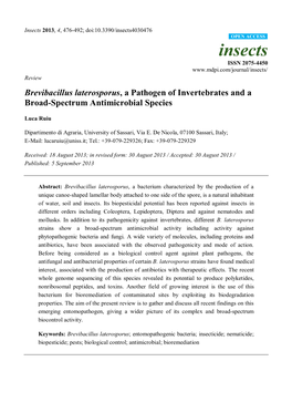 Brevibacillus Laterosporus, a Pathogen of Invertebrates and a Broad-Spectrum Antimicrobial Species