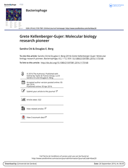 Grete Kellenberger-Gujer: Molecular Biology Research Pioneer