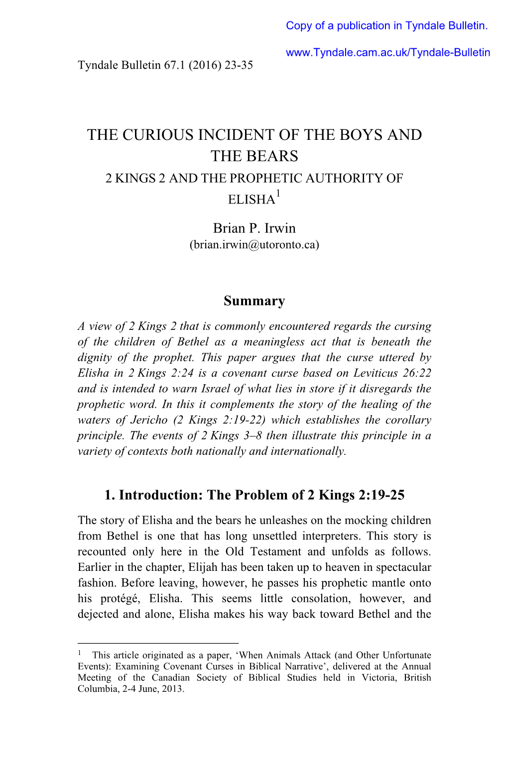 The Curious Incident of the Boys and the Bears: 2 Kings 2 and the Prophetic Authority