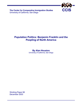 Population Politics: Benjamin Franklin and the Peopling of North America