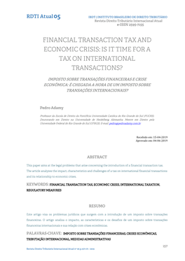 Financial Transaction Tax and Economic Crisis: Is It Time for a Tax on International Transactions?
