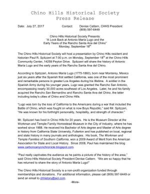 Chino Hills Historical Society Press Release