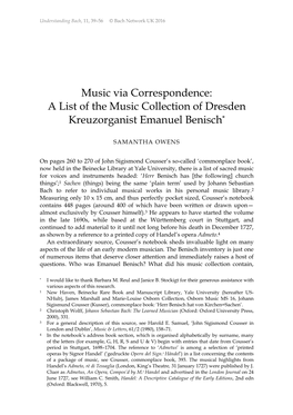 Music Via Correspondence: a List of the Music Collection of Dresden Kreuzorganist Emanuel Benisch*