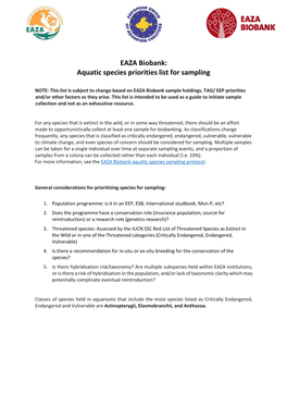 EAZA Biobank: Aquatic Species Priorities List for Sampling