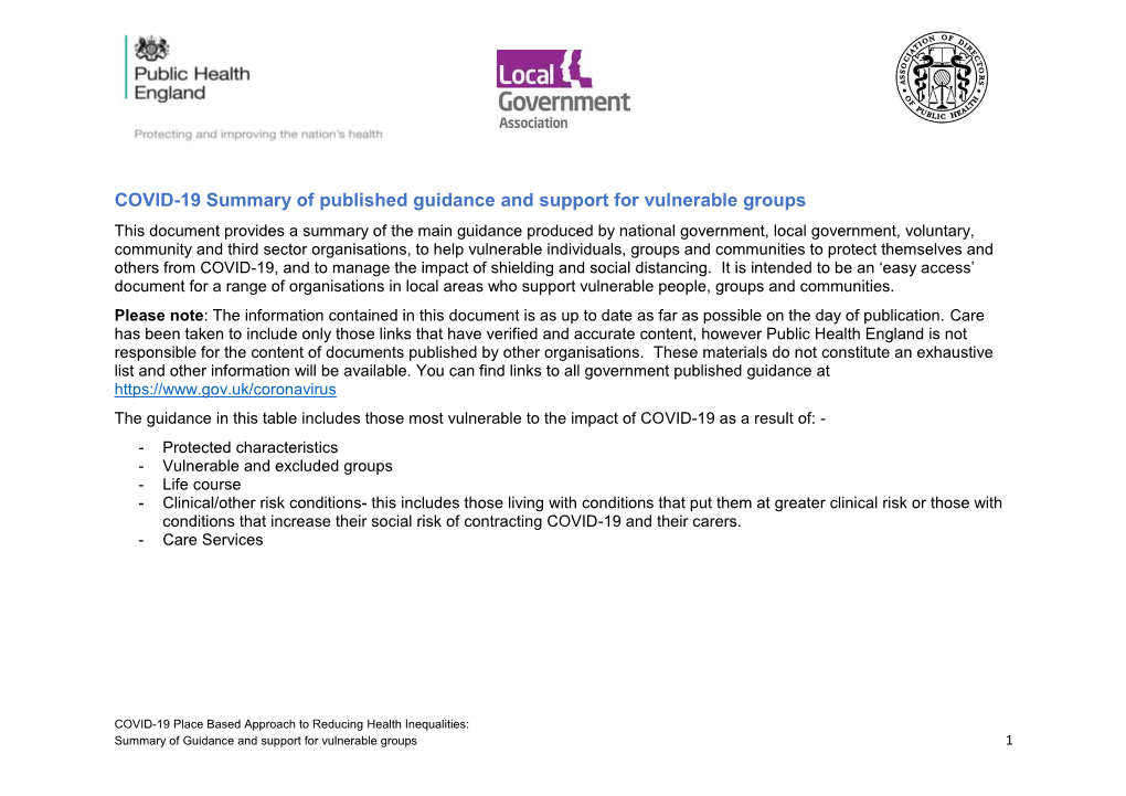 COVID-19 Summary of Guidance and Support for Vulnerable Groups