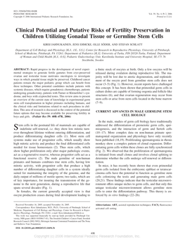 Clinical Potential and Putative Risks of Fertility Preservation in Children Utilizing Gonadal Tissue Or Germline Stem Cells