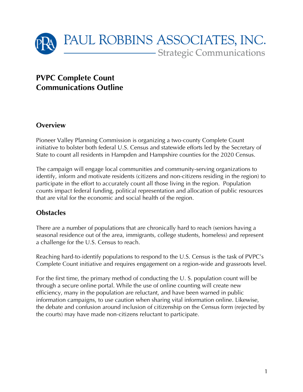 PVPC Complete Count Communications Outline