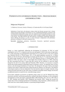 Fermentative Hydrogen Production - Process Design and Bioreactors