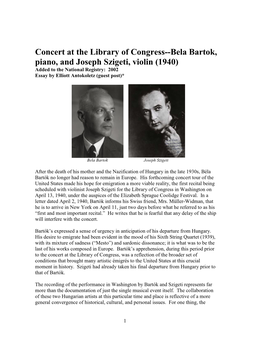 Essay on the Bartok/Szigeti Concert at the Library of Congress