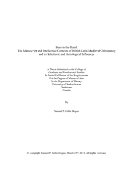 Stars in the Hand: the Manuscript and Intellectual Contexts of British Latin Medieval Chiromancy and Its Scholastic and Astrological Influences