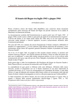 L'amministrazione Del Senato Del Regno Tra Luglio 1943 E Giugno 1944