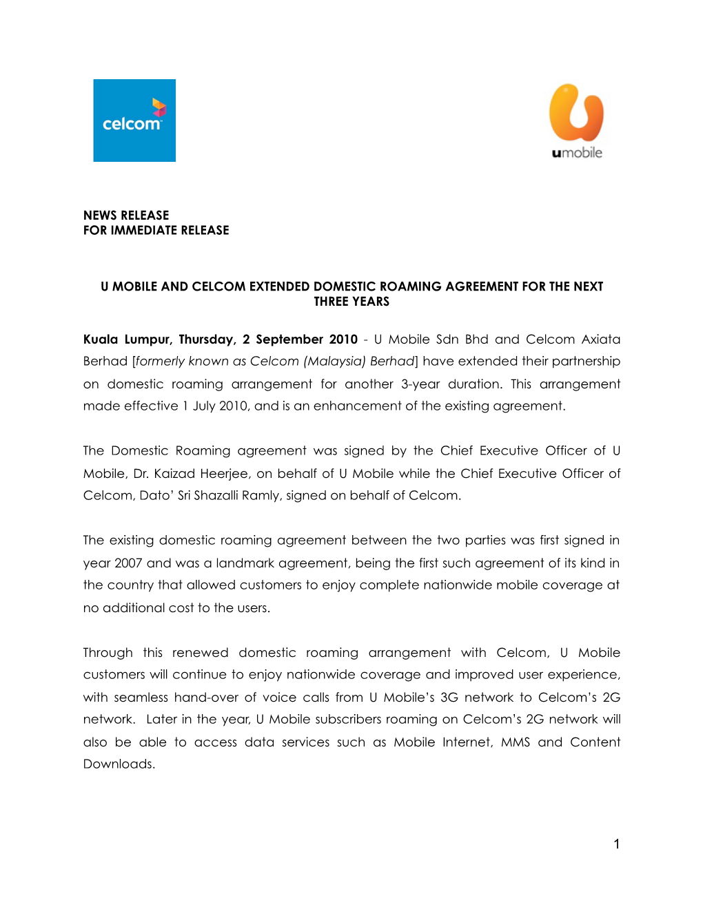 U Mobile and Celcom Extended Domestic Roaming Agreement for the Next Three Years