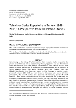 Television Series Repertoire in Turkey (1968- 2019): a Perspective from Translation Studies1