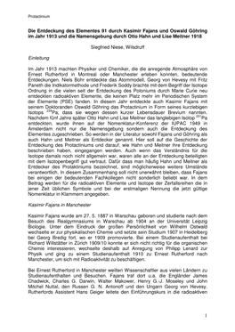 Entdeckung Des Elementes 91 Durch Kasimir Fajans Und Oswald Göhring Im Jahr 1913 Und Die Namensgebung Durch Otto Hahn Und Lise Meitner 1918