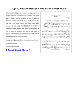 Op 50 Pavane Bassoon and Piano Sheet Music