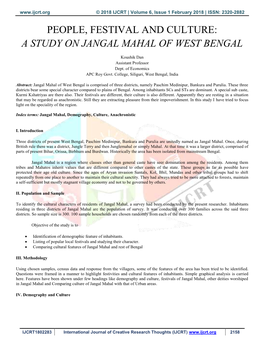 People, Festival and Culture: a Study on Jangal Mahal of West Bengal