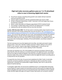 High Tech Jobs Recovery Gathers Pace As 1 in 10 Advertised Roles Is Now in Booming Digital Tech Sector