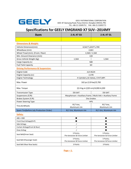 Specifications for GEELY EMGRAND X7 SUV--2014MY Item 2.4L at GS 2.4L at GL