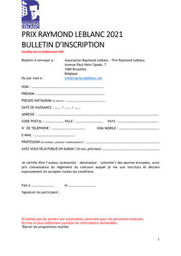 Prix Raymond Leblanc 2021 Bulletin D'inscription