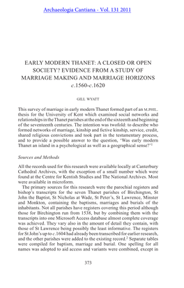 EARLY MODERN THANET: a CLOSED OR OPEN SOCIETY? Evidence from a Study of Marriage Making and Marriage Horizons C.1560-C.1620